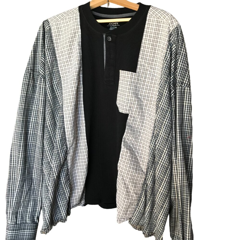 Upcycled Plus Size Mixed Prints Plaid Shirt, Reworked Patchwork Boho Spliced Top